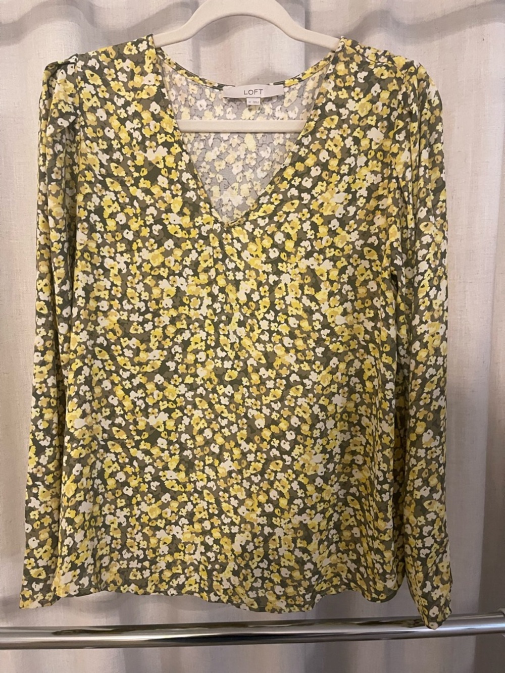 LOFT Yellow and Olive Green Floral V-Neck Long Sleeve Blouse